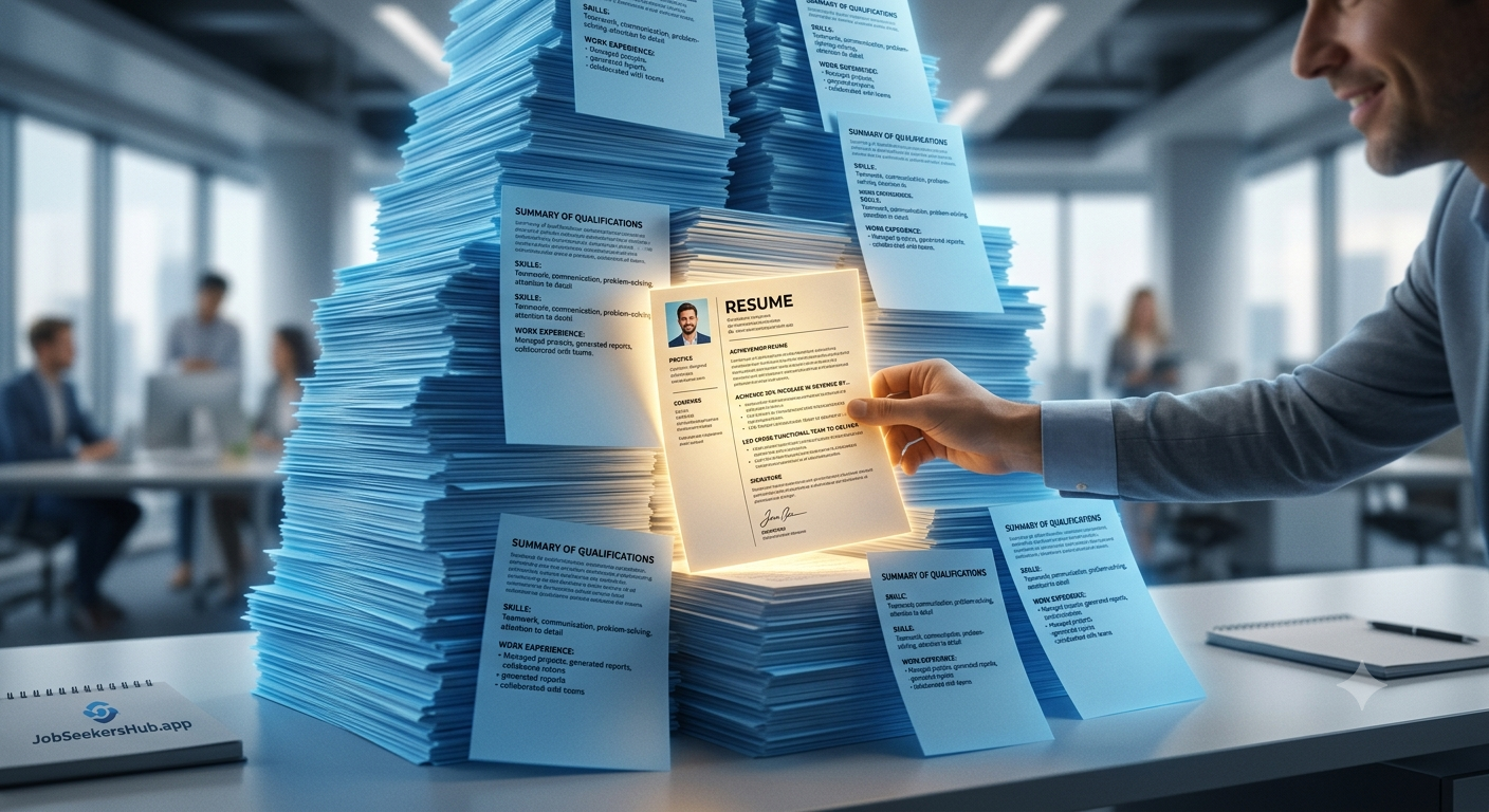 A person selecting one glowing resume from a large stack of resumes on a desk