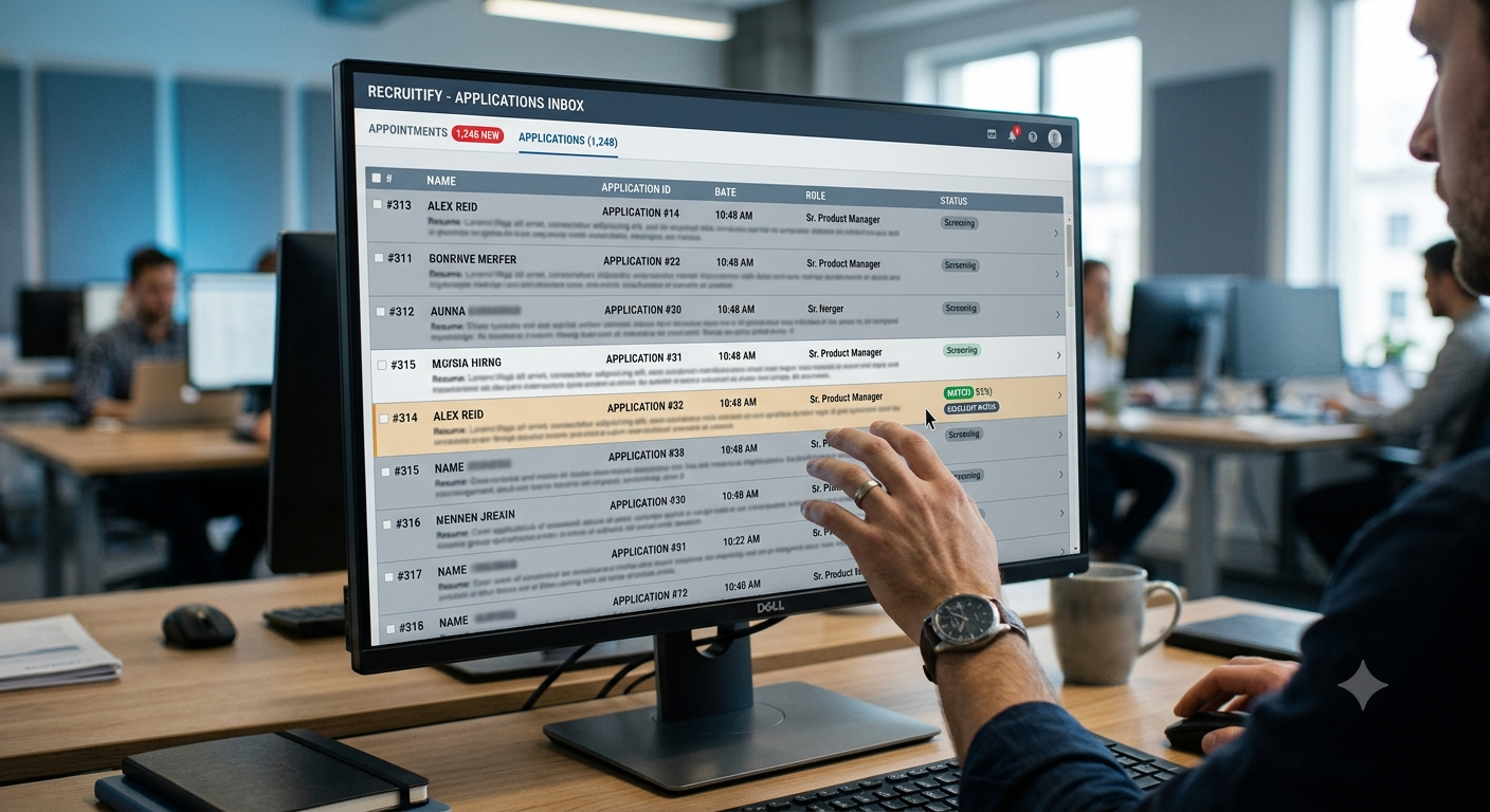An ATS applications inbox showing over 1,200 near-identical resume entries, with one entry highlighted as a strong match